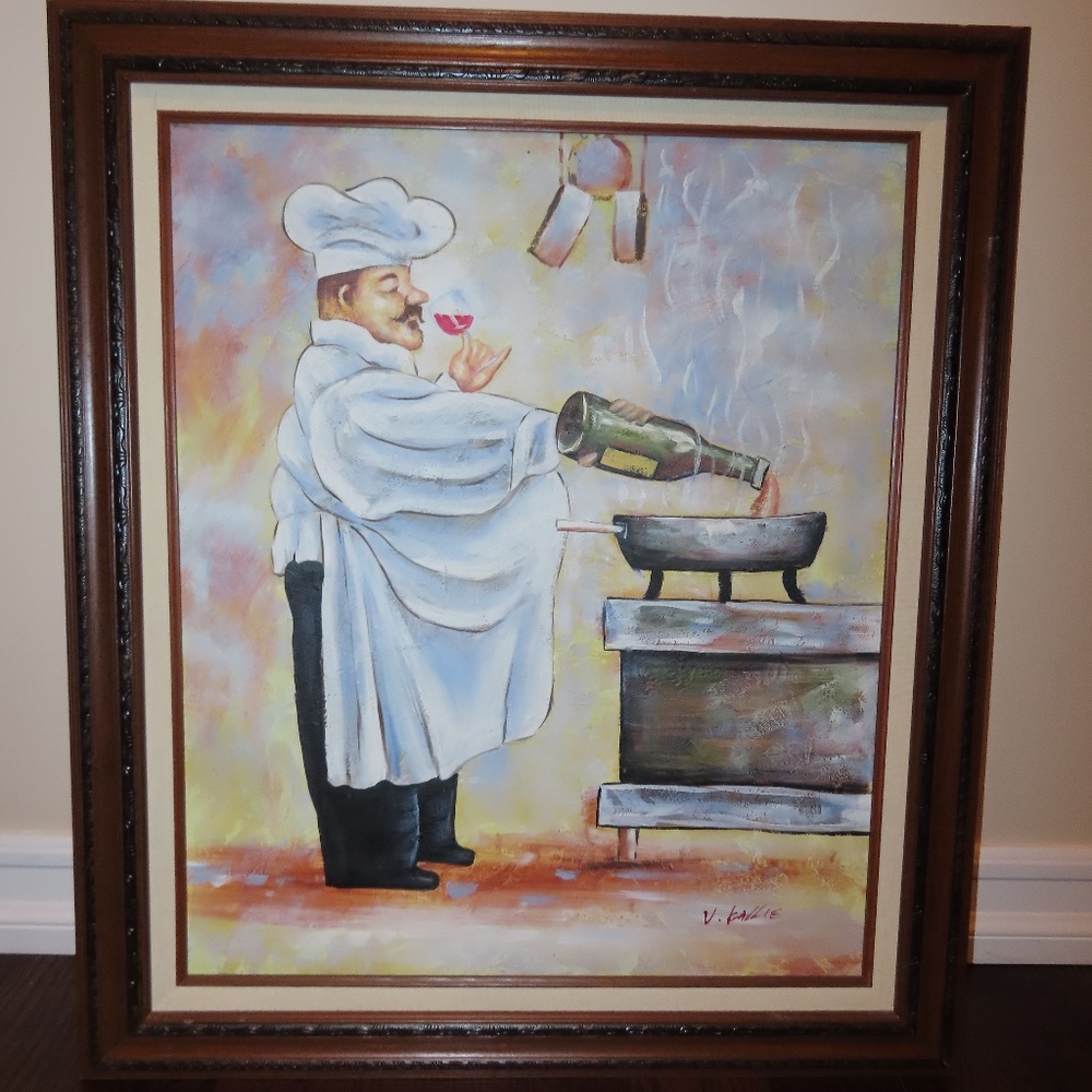 Framed French Chef, Still Life Art, Vintage Painting Art